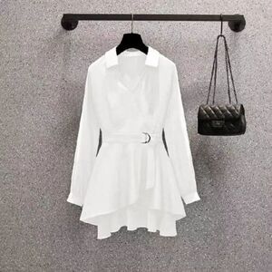 Long Sleeve V Neck Belted Chiffon Blouse White Size M